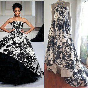 ◇$8,999 OSCAR DE LA RENTA ICONIC FLORAL WHT BLK SILVER RUNWAY GOWN DRESS 4